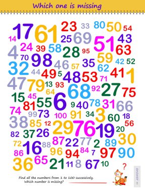 Logic puzzle game for children and adults. Find the numbers from 1 to 100 successively. Which one is missing? Brain teaser book. IQ test. Play online. Kids activity sheet. Developing counting skills.
