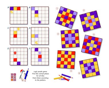 Logic puzzle game for children and adults. Find correct places for all tiles. Paint them according to pattern. Coloring book. Page for kids brain teaser book. Developing spatial thinking. Play online.