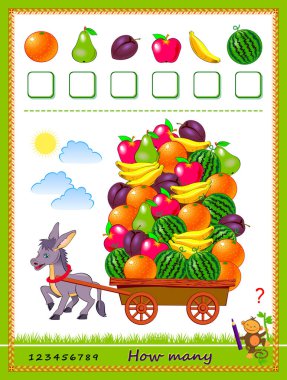 Math education for children. How many fruits harvested donkey? Count quantity and write numbers. Developing counting skills. Logic puzzle game. Worksheet for school textbook. Kids activity sheet.