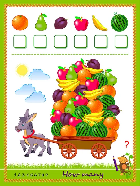 Math Education Children How Many Fruits Harvested Donkey Count Quantity — Vetor de Stock