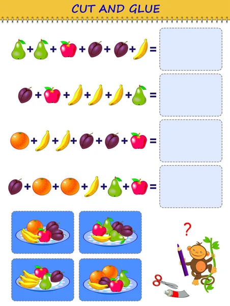 Educational mathematical page for children. Using scissors cut and glue the dishes. Count fruits and find correct place for all sets. Logic puzzle game. Developing kids counting and handwork skills.