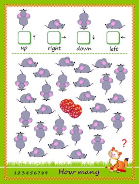 Çocuklar için matematik eğitimi. Her yöne hareket eden ve sayı yazan fare sayısını say. Gelişmekte olan çocuklar sayma becerileri. Okul kitabı için mantık bulmacası oyunu. Çevrimiçi oyna.