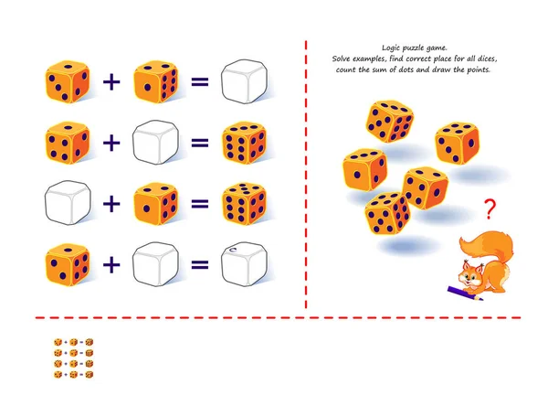 儿童和成年人的逻辑拼图游戏 求解示例 为所有附录找到正确的位置 计数圆点的和 并画出要点 给孩子们看脑筋急转弯书 数学练习 — 图库矢量图片