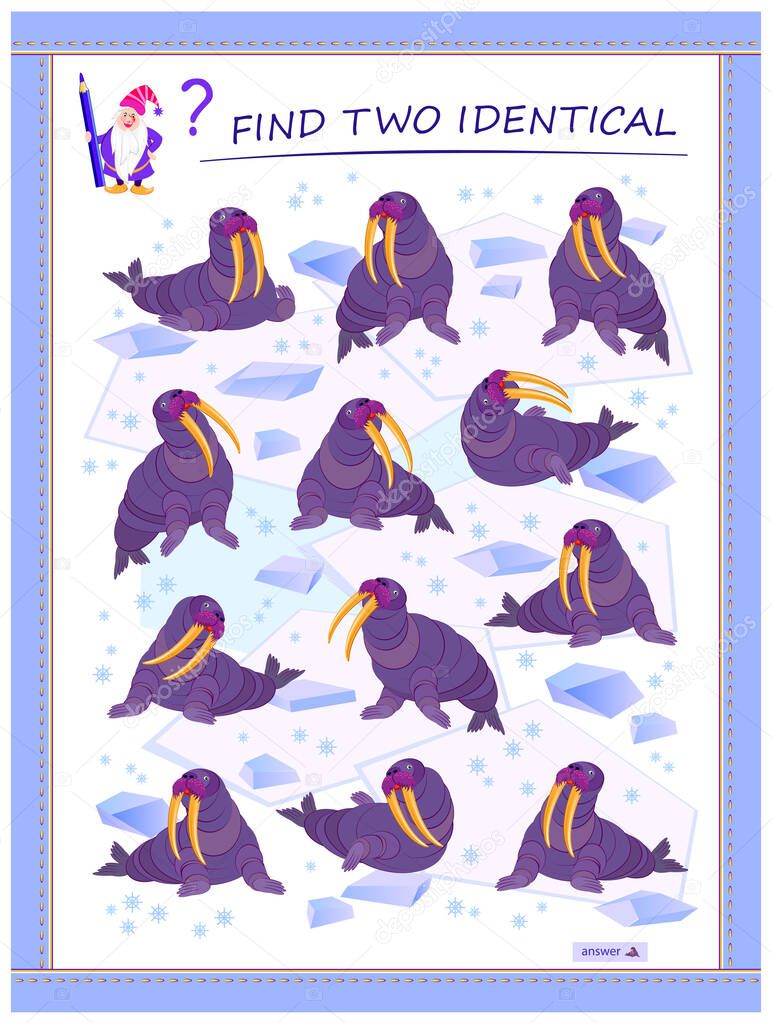 Logic puzzle game for children and adults. Find two identical walruses. Memory exercises for seniors. Page for kids brain teaser book. Developing spatial thinking. IQ test. Play online.