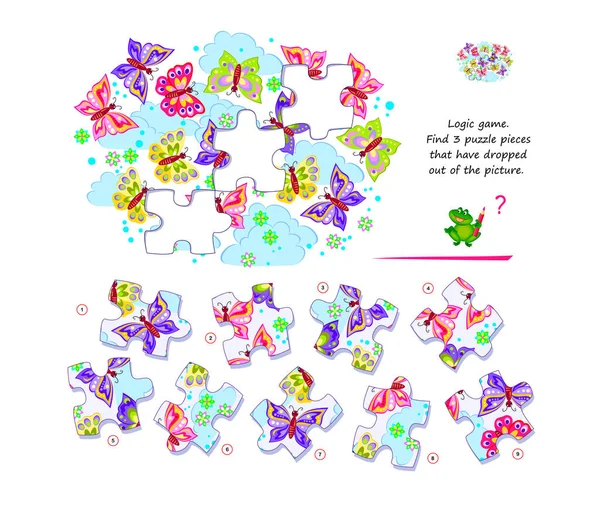 子供と大人のためのロジックゲーム 絵から落ちたパズルのピースを3つ見つけてください 子供の脳の先生の本のための印刷可能なページ 空間思考を開発する オンラインでプレイ ベクターイラスト — ストックベクタ