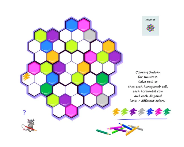 把须户涂成最聪明的颜色求解任务 使每个蜂窝 每个水平行和每个对角线都有7种不同的颜色 逻辑拼图游戏 在网上玩儿童智力测验书 — 图库矢量图片