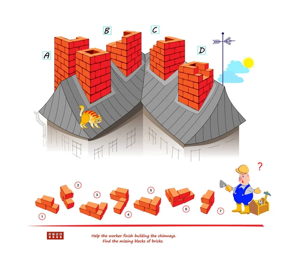Logiczna Gra Dla Najmądrzejszych Puzzle Pomóż Robotnikowi Dokończyć Budowę Kominów — Wektor stockowy