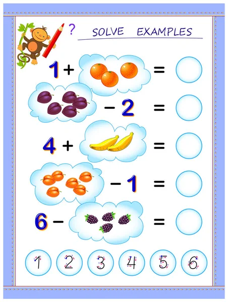 자녀들을 페이지의 뺄셈에 것이었습니다 과일의 계산하고 숫자를 아이들의 교과서를 수있는 — 스톡 벡터