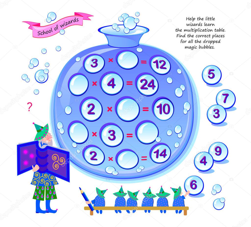 Help the little wizards learn multiplication table. Find correct places for all dropped magic bubbles. Logic puzzle game. Math education. Worksheet for kids school. Write numbers. Play online.