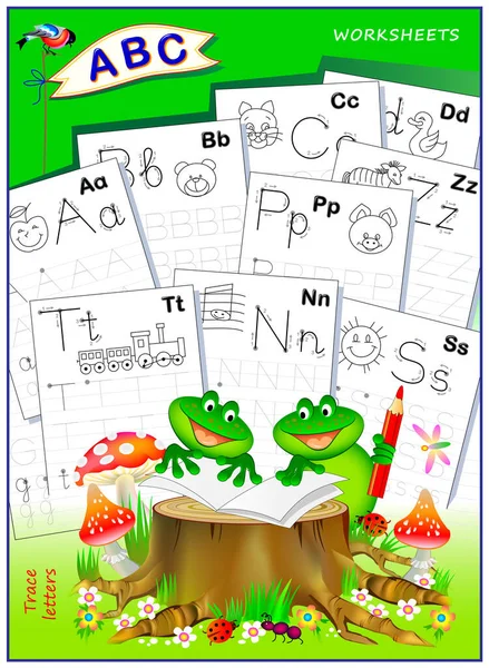 Funda Para Cuaderno Escolar Infantil Con Ejercicios Aprende Trazar Letras — Vector de stock
