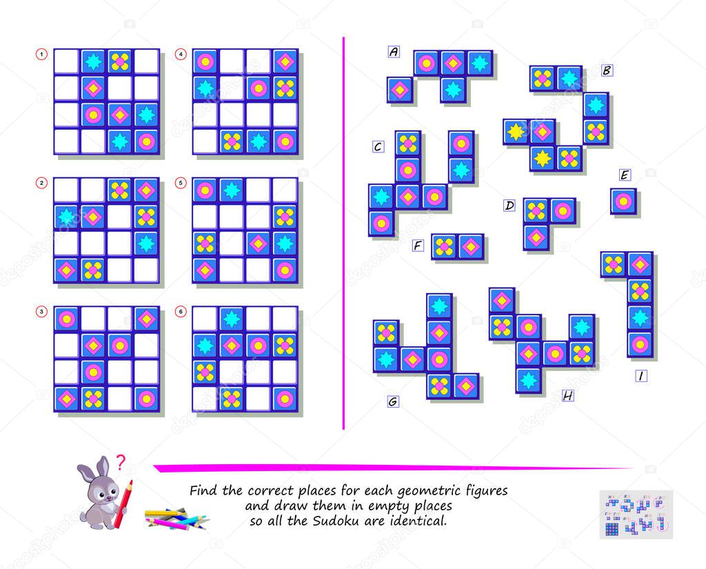 Set of Sudoku puzzles. Logic puzzle game for kids. Find correct places for all geometric figures so all squares are identical. Page for brain teaser book. Developing spatial thinking. Play online.