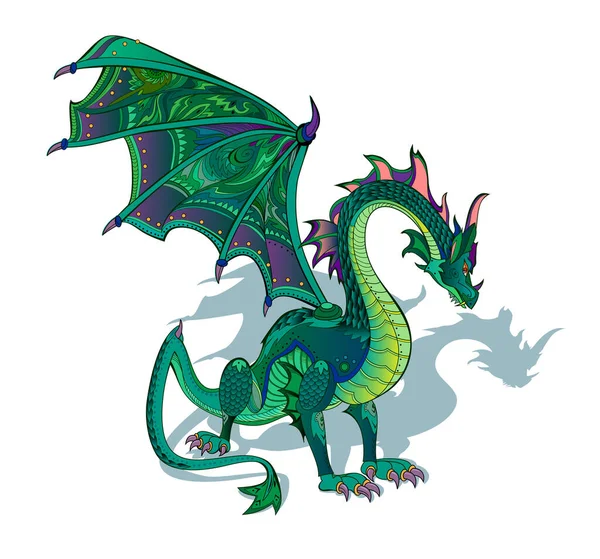 Illustration Fantastique Dragon Vert Animaux Sauvages Dessin Isolé Sur Fond — Image vectorielle