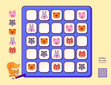 Çocuklar için sudoku. Zeka oyunu kitabı için sayfa. Çocuklar ve yetişkinler için mantıksal bulmaca oyunu. Hayvanları boş alanlara yerleştir ki her çizgi tek bir türe sahip olsun. İnternette oyna. Yaşlılar için hafıza eğitimi.