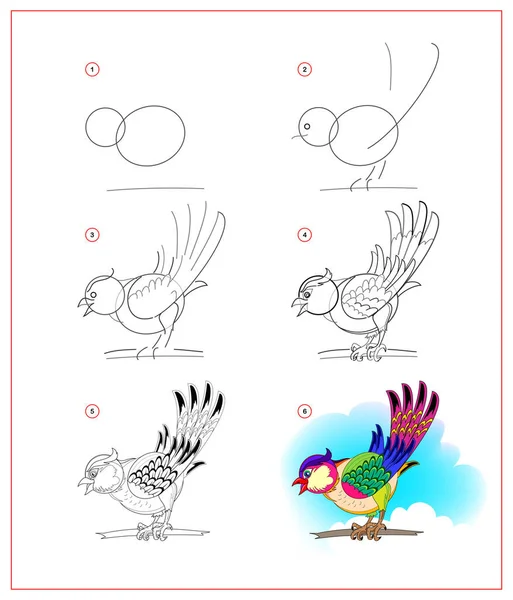 かわいい小鳥の描き方 子供のための教育ページ 動物のイラストをステップバイステップで作成します 子供の学校の運動の本のための印刷可能なワークシート オンライン教育 ベクトル図 — ストックベクタ