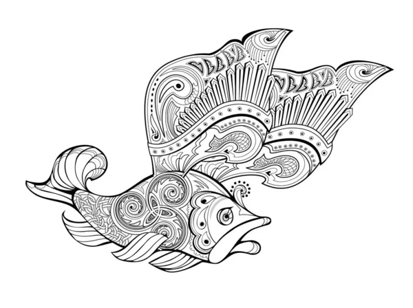 Fantastic Warlike Flying Fish Wings Coloring Book Printable Image Maritime — Stock Vector