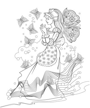 Çocuk boyama kitabı için siyah beyaz sayfa. Kelebeklerle ödeme yapan küçük, güzel bir peri tasviri. Kızlar için basılabilir çalışma kâğıdı. Çizim ve meditasyon için çarşaf. Vektör resmi.