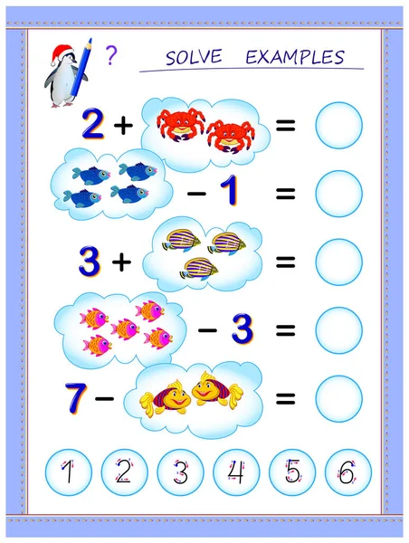 Освітня Сторінка Маленьких Дітей Щодо Додавання Віднімання Розв Яжіть Приклади — стоковий вектор