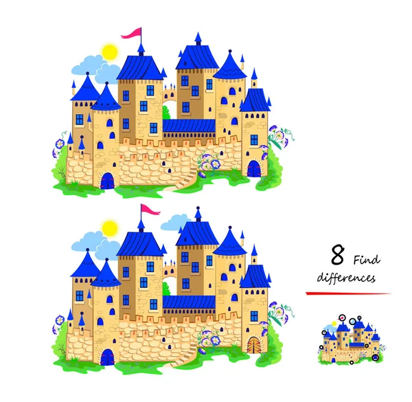 Βρες Διαφορές Εικονογράφηση Του Ιππότη Μεσαιωνικό Κάστρο Λογικό Παιχνίδι Παζλ — Διανυσματικό Αρχείο