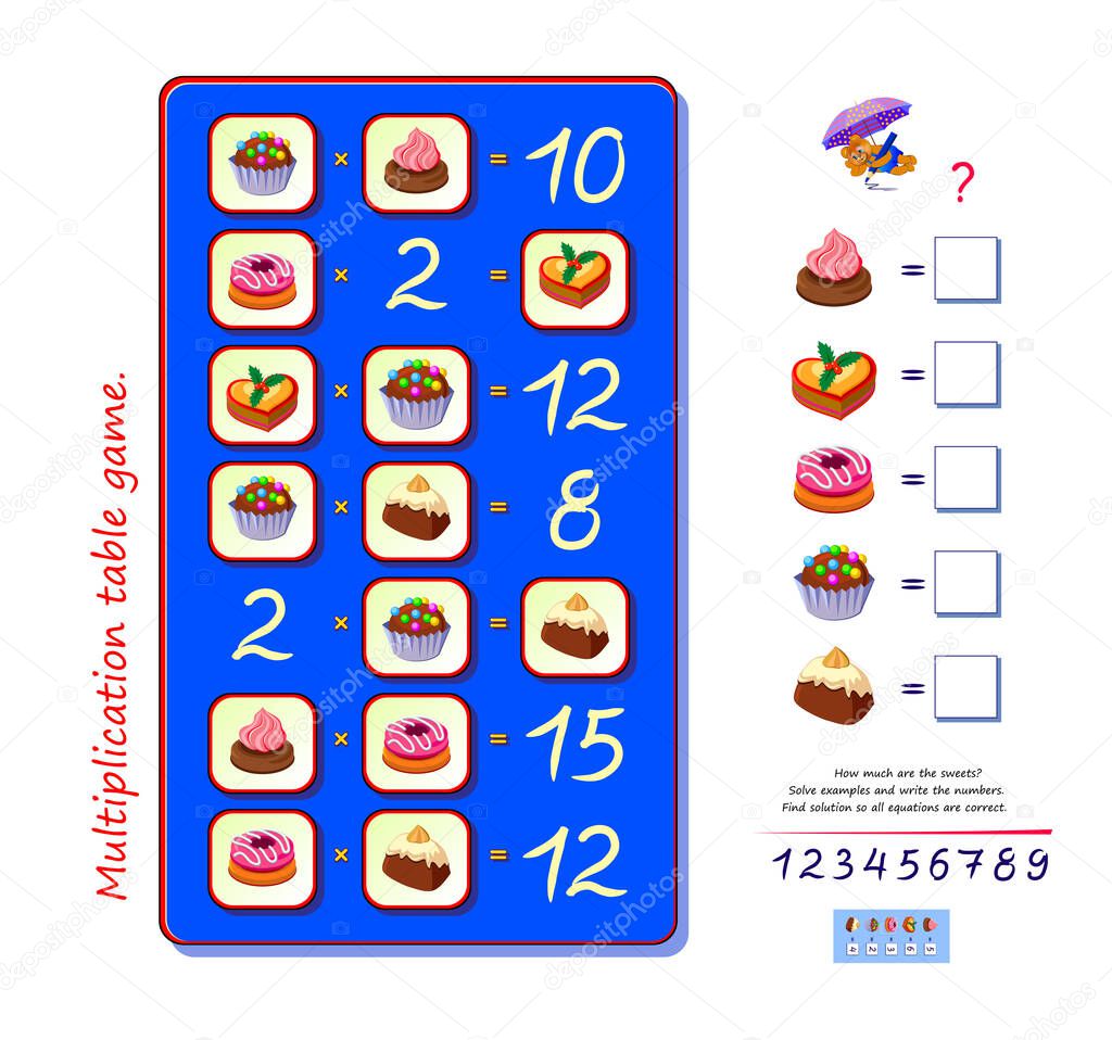 Multiplication table math logic puzzle game. How much are the sweets? Solve examples and write the numbers. Find solution for all equations. Brain teaser book. Developing counting skills. Play online.