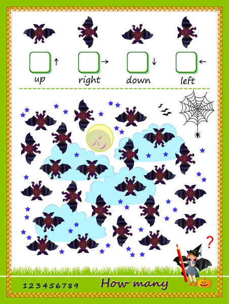 子供のための数学教育 各方向に移動するコウモリの数をカウントし 数を書き込みます スキルを数える子供を育成する 学校の教科書のためのロジックパズルゲーム オンラインでプレイ — ストックベクタ