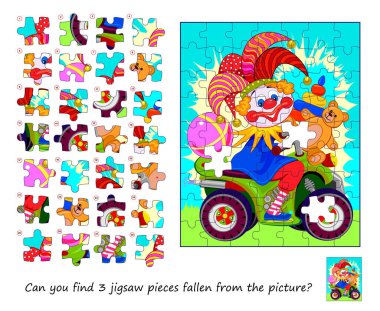 Game find and search. Can you find the three jigsaw pieces fallen from the picture? Logic puzzle game for children and adults. Flat hand drawn vector. Page for kids brain teaser book.