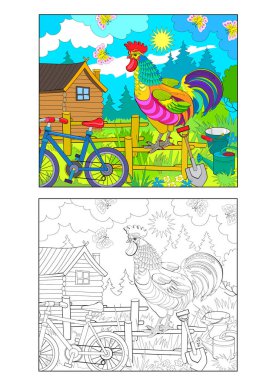 Şafak vakti bir çiftlik çizimi. Renkli, siyah ve beyaz şablon boyama için. El çizimi vektör illüstrasyonu. Çocuklar ve yetişkinler için boyama kitabı çalışma tablosu. 