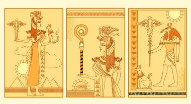 Seyahat şirketi için şablonlar. Antik Mısır motifleri ile stilize fantezi illüstrasyonları projeniz için hazır. Pankart, el ilanı, kartpostal, poster için antika çizimler. El çizimi vektör.