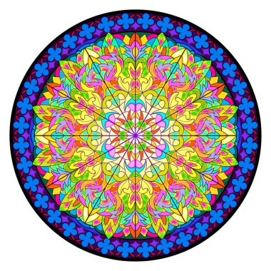 Ortaçağ katedralinde gotik bir gül. Güzel renkli vitraylı pencere. Gotik mimari tarzı. Fransız kiliselerinde mimarlık. Batı Avrupa 'da orta çağ. El çizimi vektör.