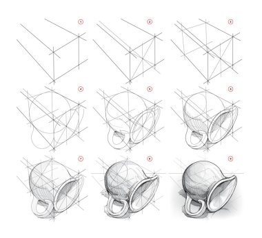 Kalem çizim dersleri. Bir sürahinin hayata bakış açısıyla yan yana yatmayı nasıl öğreneceğini. Sanatçılar için eğitici bir eğitim. Sanatsal becerilerin gelişimi. El çizimi vektör illüstrasyonu.