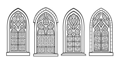 Quimper 'daki Saint Matthew Kilisesi' nin gotik vitrayları. Flamboyant Gotik 'in 16. yüzyıl tarzı. Fransız mimarisi. El çizimi vektör. Boyama kitabı için siyah beyaz sayfa.