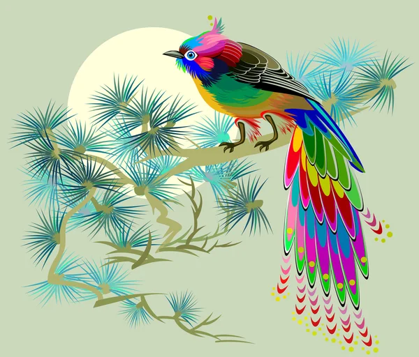 Illustration eines Märchenvogels, der auf einem Kiefernzweig sitzt. — Stockvektor