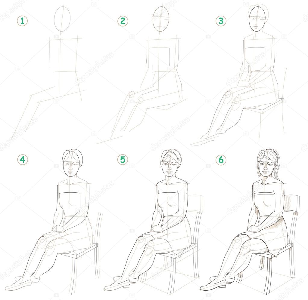 Page shows how to learn step by step to draw a sitting woman.