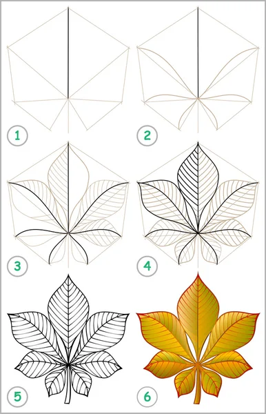 Página muestra cómo aprender paso a paso para dibujar una hoja de castaño . — Vector de stock