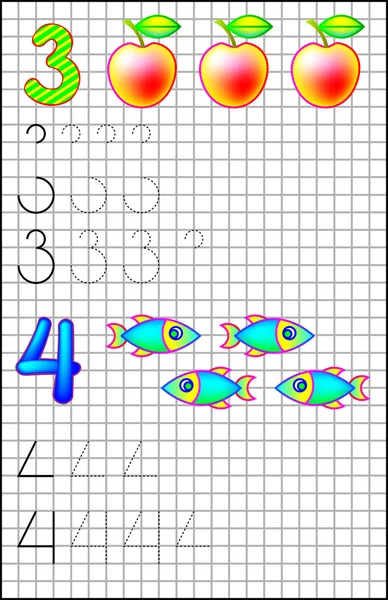 Página educativa para niños en un papel cuadrado con números 3 y 4 . — Archivo Imágenes Vectoriales