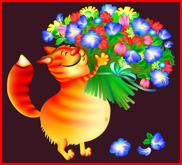 Ілюстрація імбирного кота з букетом квітів . — стоковий вектор