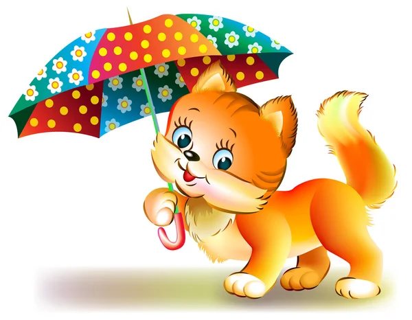 Illustratie van kleine kitten holding paraplu. — Stockvector