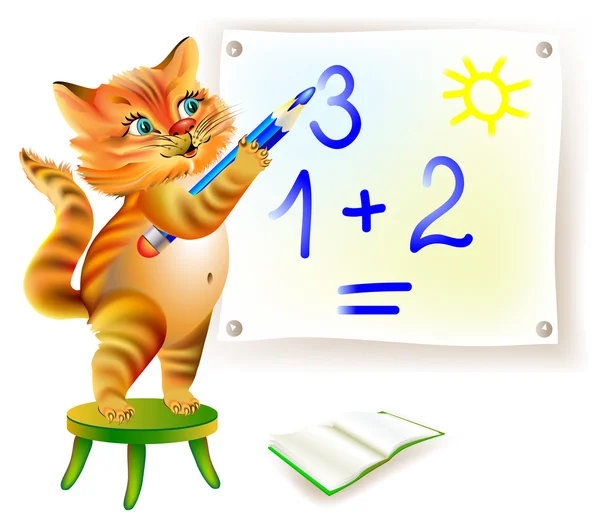 Illustration av katt lärande skriva siffror. — Stock vektor
