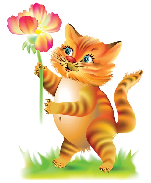 꽃을 들고 즐거운 고양이의 그림. — 스톡 벡터