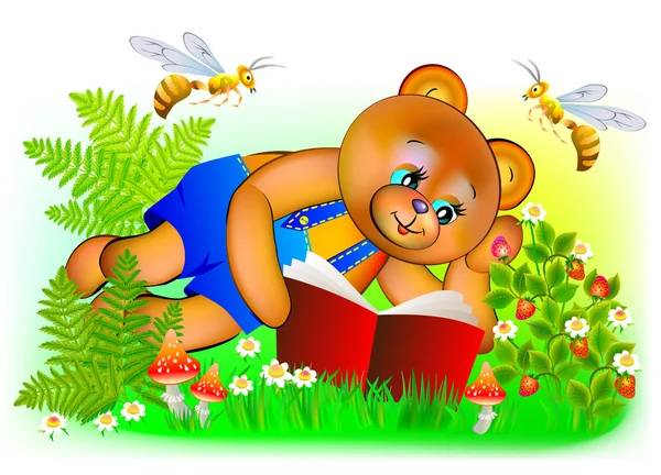 Illustration eines glücklichen Teddybären beim Lesen eines Buches. — Stockvektor