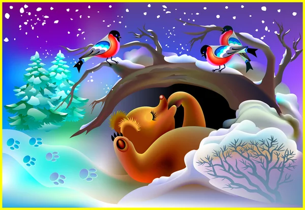 Illustration of bear sleeping in a cave during winter. — Stock Vector