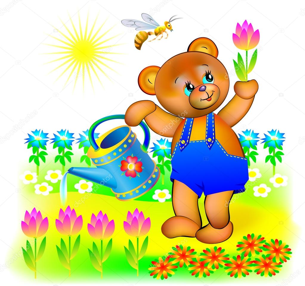 Illustration of little bear watering spring flowers.