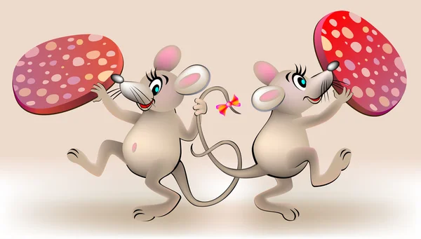 Ilustración de dos ratones bailando con salchichas . — Vector de stock