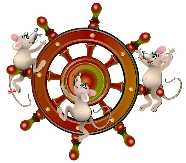 Ilustración de tres ratones subiendo al volante . — Vector de stock