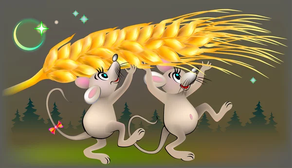 Ilustración de dos ratones robando espiga de trigo por la noche . — Vector de stock