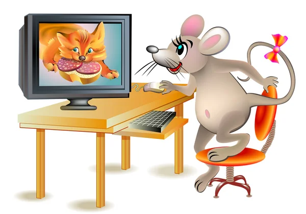Ilustración del ratón está viendo gato en el ordenador . — Vector de stock
