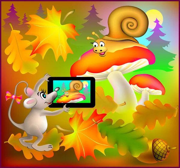 Mouse photographs the snail. — Stock Vector