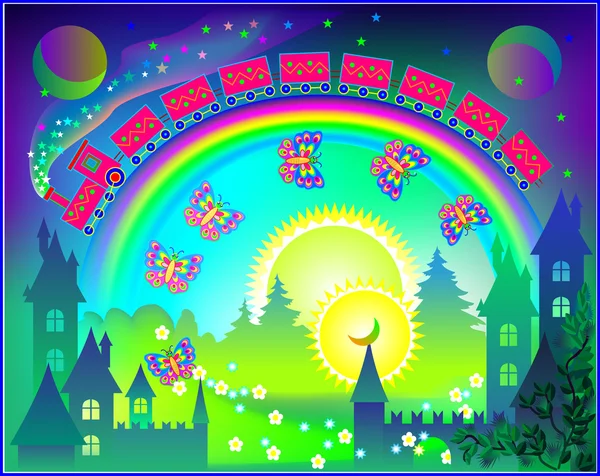 Reino de fantasía de Fairyland con arco iris en el cielo . — Vector de stock