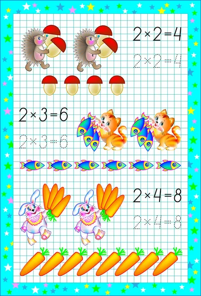 Página con ejercicios para niños en un papel cuadrado con tabla de multiplicación . — Vector de stock