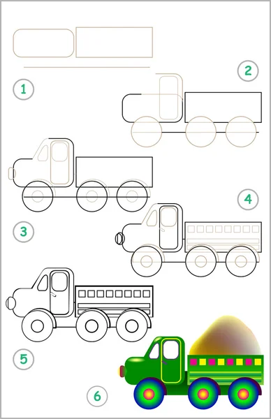 Stránka ukazuje, jak se krok za krokem naučit kreslit nákladního automobilu. — Stockový vektor