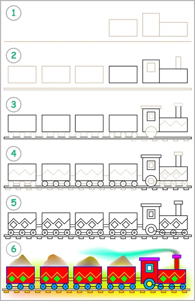 Pagina ziet u hoe te leren stap voor stap te trekken een trein. — Stockvector